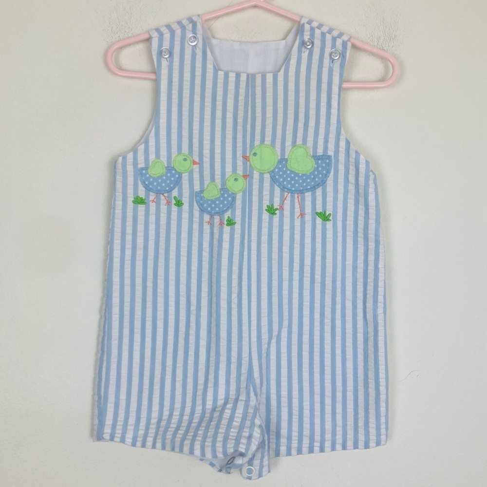 The Bailey Boys blue and white stripe seersucker romper with bird appliqué. 12m